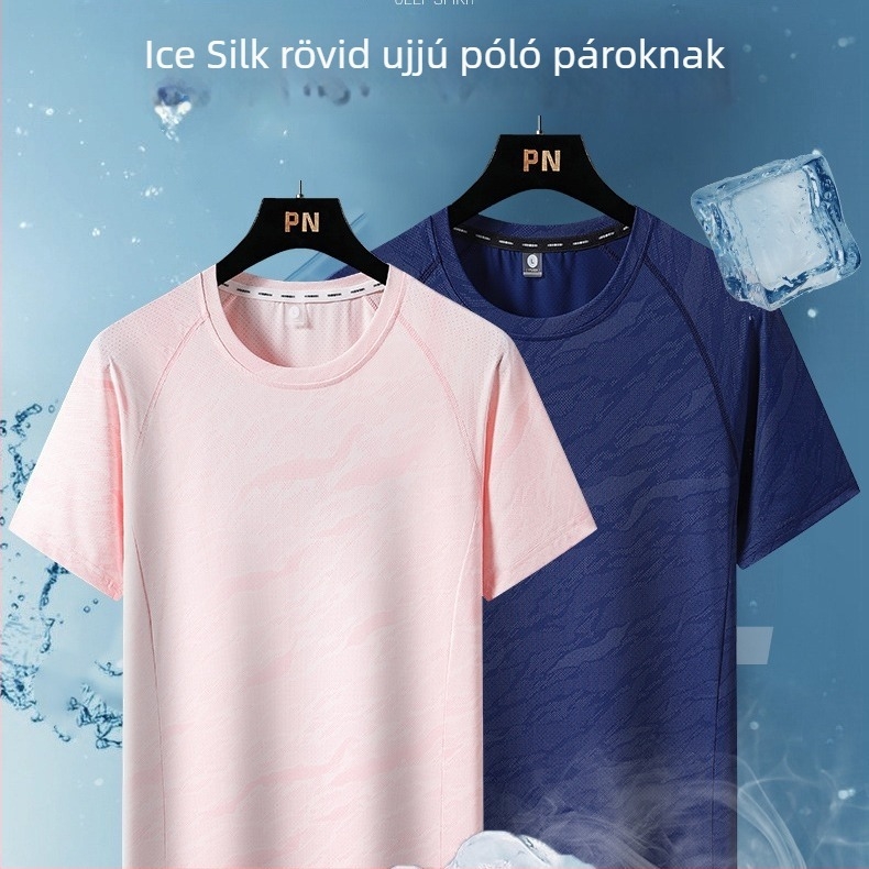Gyorsan száradó férfi rövid ujjú póló, nyári ice-silk anyag, lélegző hálószövet, laza szabás, páros változat