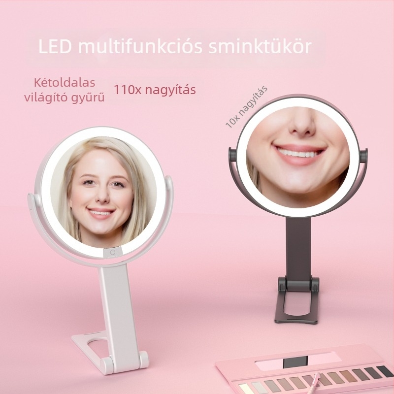 LED világítással ellátott utazó sminktükör, hordozható, háromszínű fény beállítható, 10x nagyítás
