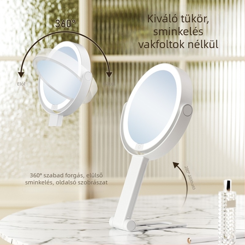 LED világítással ellátott utazó sminktükör, hordozható, háromszínű fény beállítható, 10x nagyítás