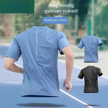 Férfi nyári Ice Silk anyagból készült póló, könnyű, lélegző, gyorsan száradó, rövid ujjú