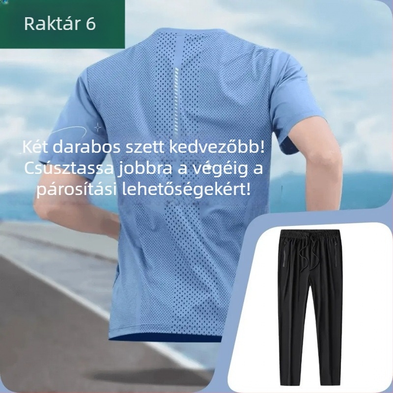 Férfi nyári Ice Silk anyagból készült póló, könnyű, lélegző, gyorsan száradó, rövid ujjú