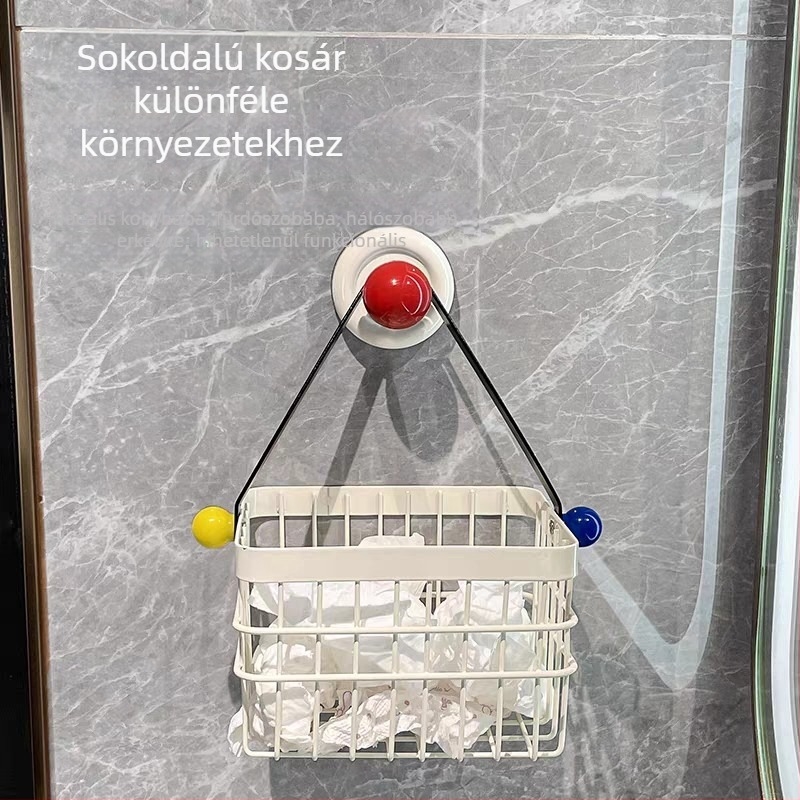 Fali törölközőtartó szívófejes rögzítéssel a fürdőszobába, vasból készült tárolókosár arctörölközőkhöz