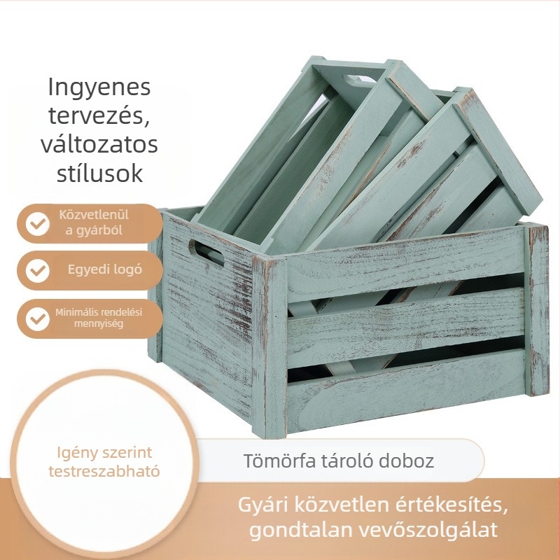 Masszív tömörfa tároló kosár, téglalap alakú, retro stílusú dekoratív kiállítási kosár