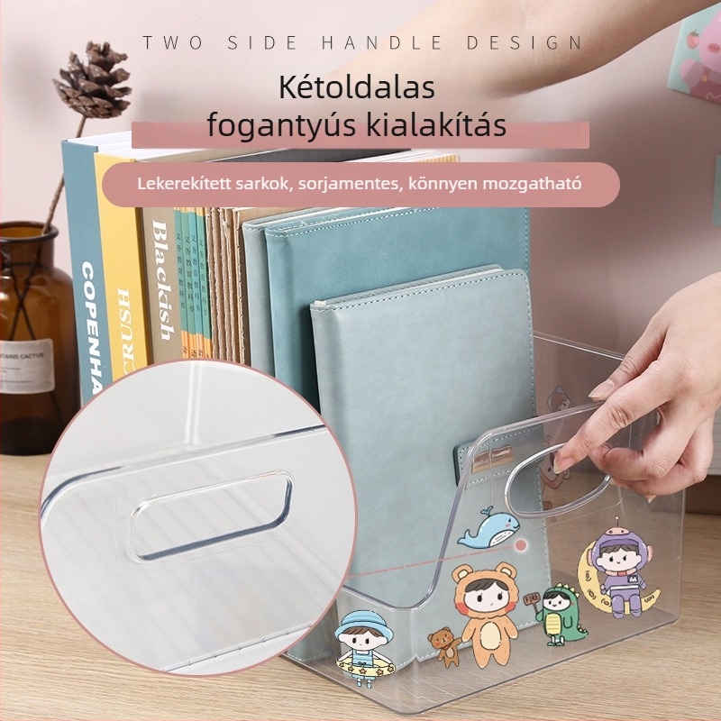 Átlátszó műanyag asztali tároló doboz apró tárgyak és kozmetikumok rendezésére, fedél nélkül, egymásra tehető