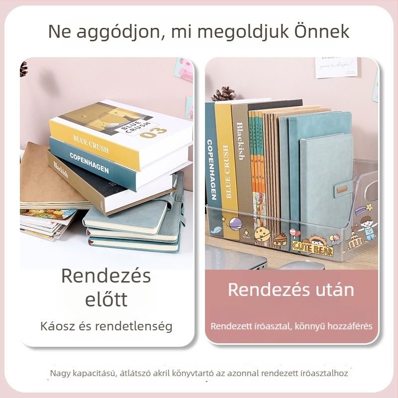 Átlátszó műanyag asztali tároló doboz apró tárgyak és kozmetikumok rendezésére, fedél nélkül, egymásra tehető