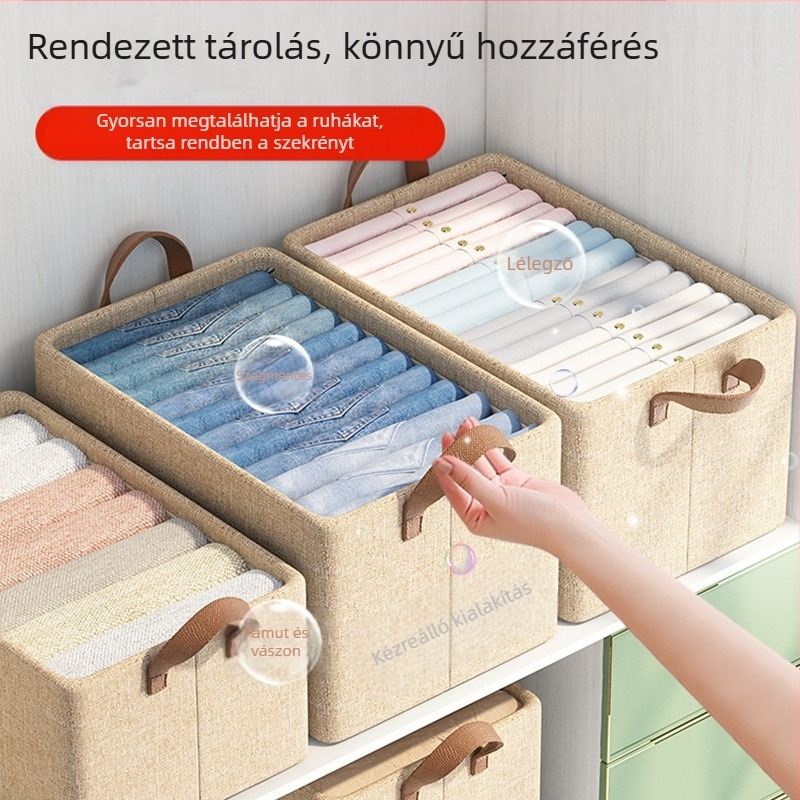 Összecsukható gardrób tároló doboz rekeszekkel, ruhákhoz – pamut-len keverék anyagból