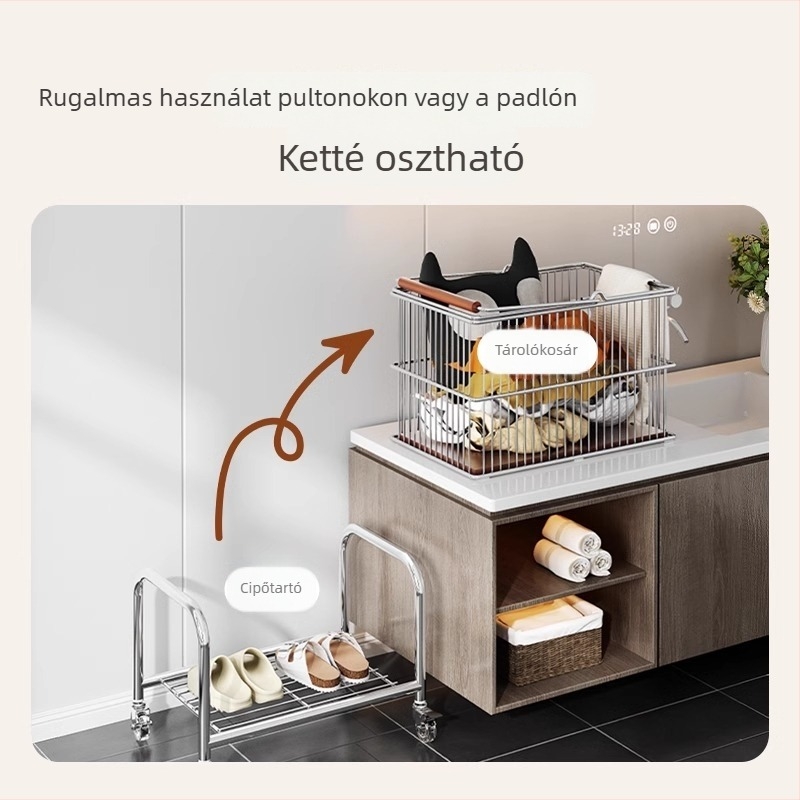 Kétszintes szennyes ruhák tároló kocsi, mobil fürdőszobai tároló, vintage stílus