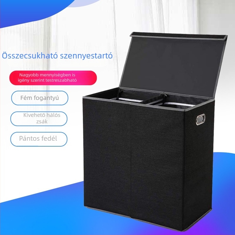 Összecsukható textil tárolódoboz belső hálós zsebbel, mosókosár, nagy méret