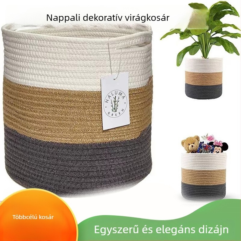 Kézzel szőtt pamut kötél tárolókosár, egyszerű modern nappali dekoráció, többméretű tárolókészlet otthoni rendezéshez