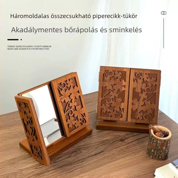 Hajtogatható, háromoldalas sminktükör, fából készült, faragott négylevelű lóhere motívummal, asztali