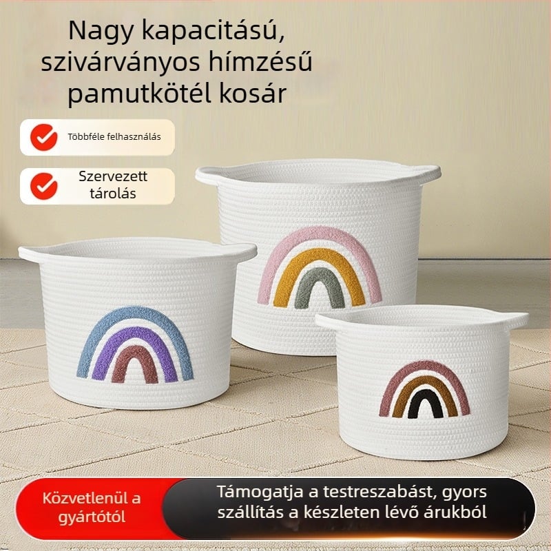 Pamutkötélből készült tárolókosár nappaliba, játékok és apró tárgyak rendezésére, aranyos pamut mosókosár