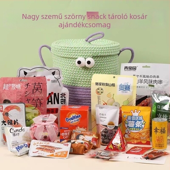 Kerek tároló kosár pamutszálból fedővel, asztali fonott rendező nassolnivalókhoz, nagy szemű szörny motívummal