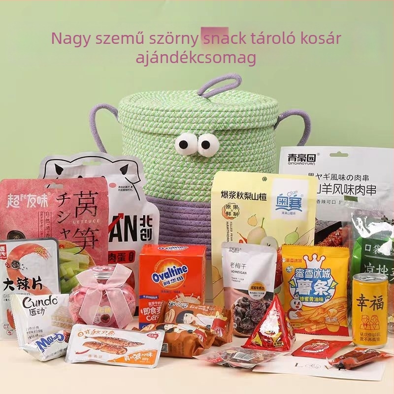 Kerek tároló kosár pamutszálból fedővel, asztali fonott rendező nassolnivalókhoz, nagy szemű szörny motívummal