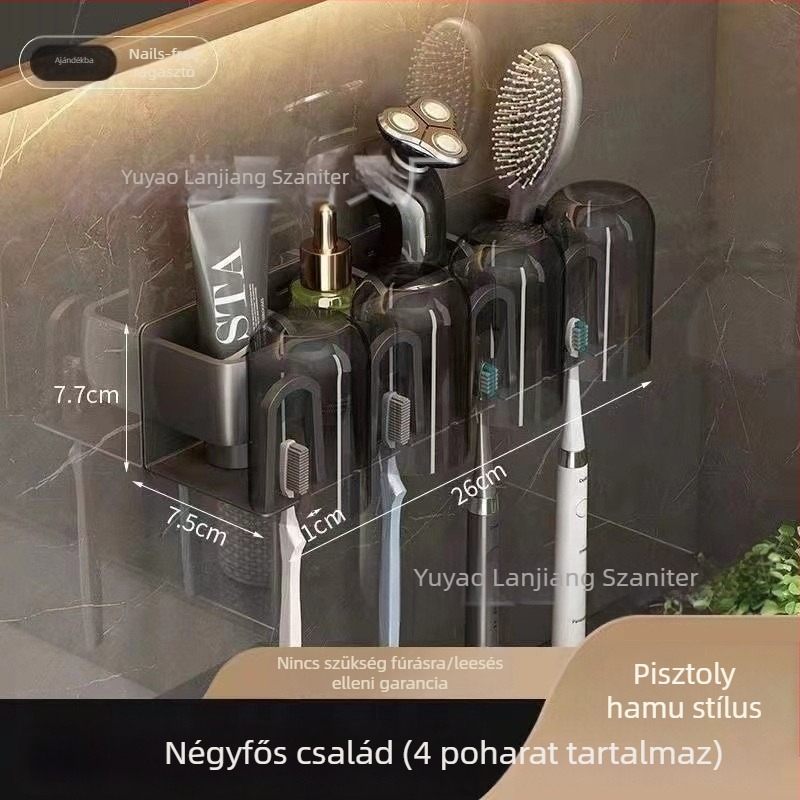 Fali fogkefetartó szívófejes, szájvíz pohárral – fém, fürdőszobai tároló