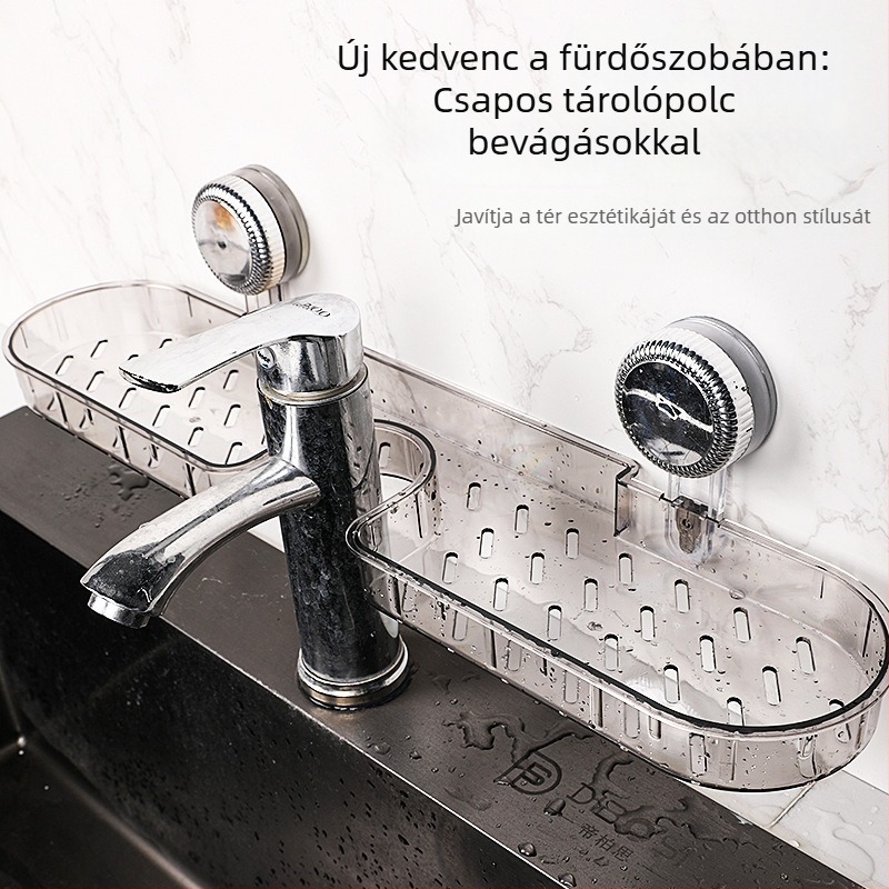 Fürdőszobai falra szerelhető szívócsészés tárolópolc fúrás nélkül, levehető, vízelvezető funkcióval