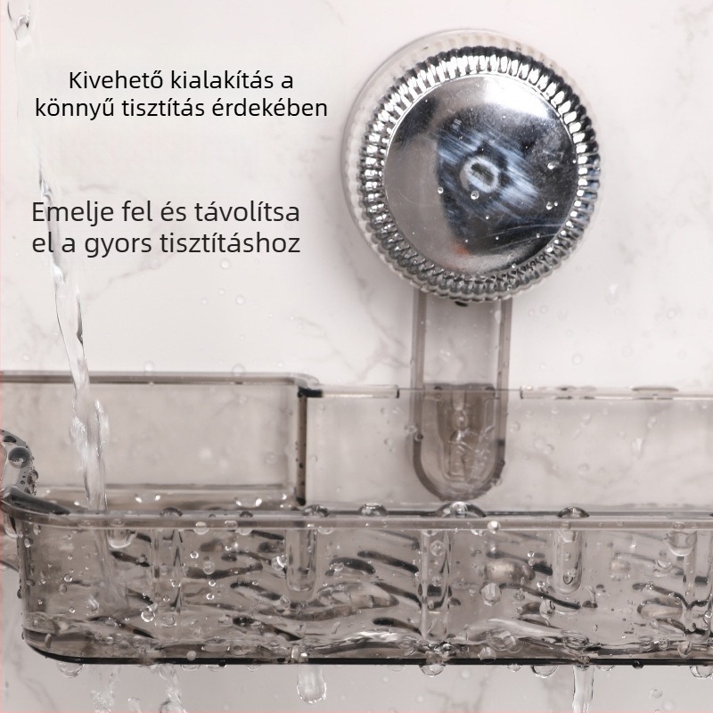 Fürdőszobai falra szerelhető szívócsészés tárolópolc fúrás nélkül, levehető, vízelvezető funkcióval
