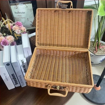 Vintage fonott kozmetikai rendező doboz, rattan stílusú