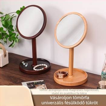Fából készült asztali sminktükör, kör alakú forgó sminktükör a hálószobába
