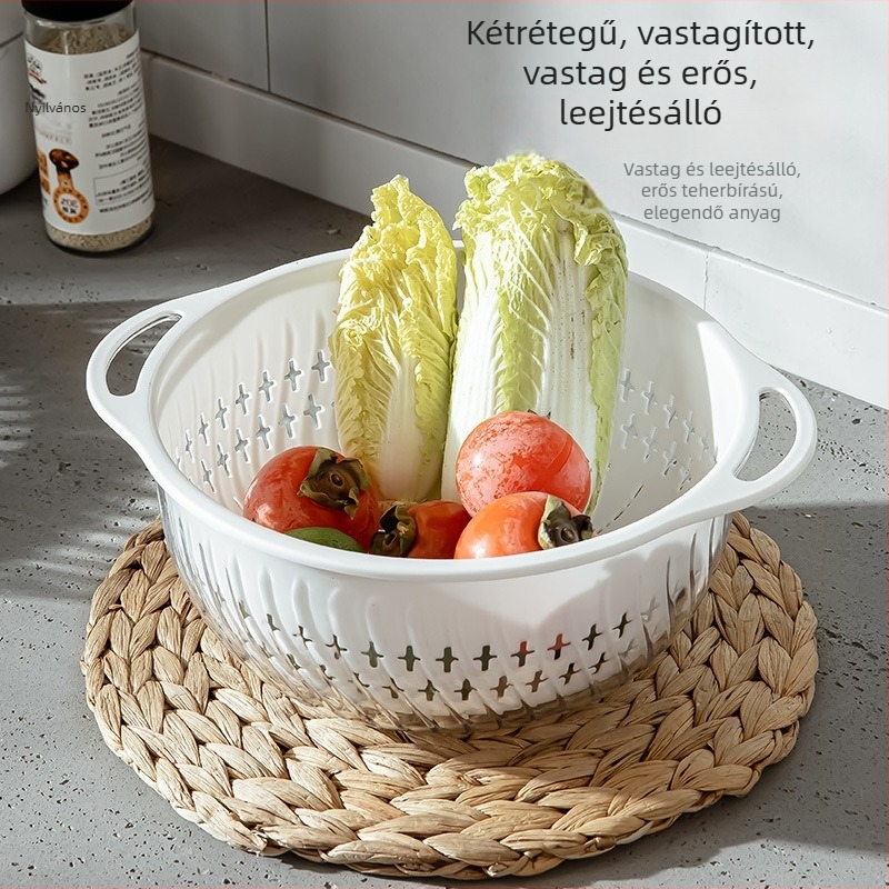 Személyre szabott konyhai kettős rétegű mosókosár zöldségek és gyümölcsök számára, átlátszó, nagy kapacitású műanyag