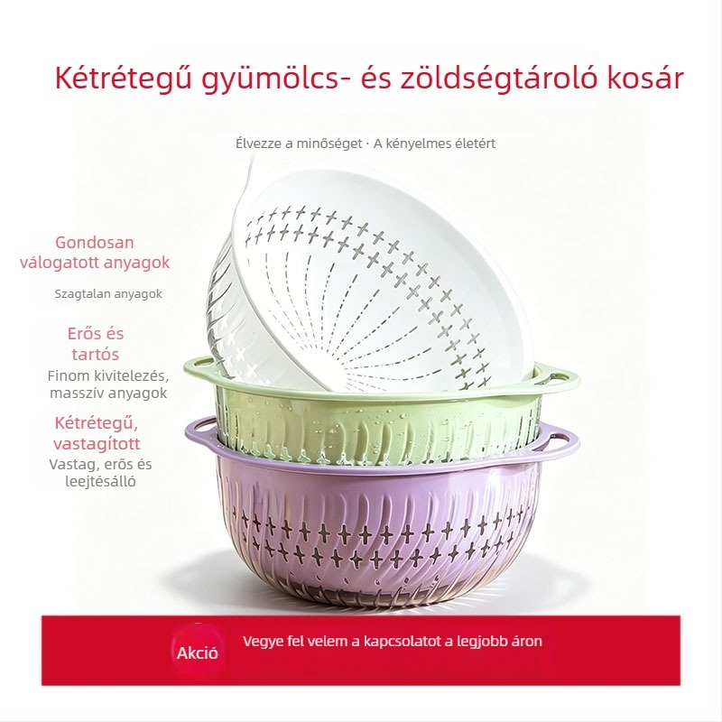 Személyre szabott konyhai kettős rétegű mosókosár zöldségek és gyümölcsök számára, átlátszó, nagy kapacitású műanyag