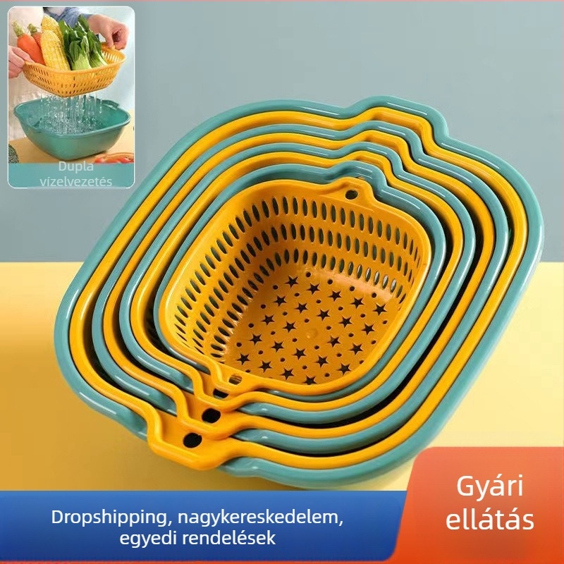Kétszintes lefolyató kosár zöldségek és gyümölcsök számára, műanyag mosó- és tárolókosár