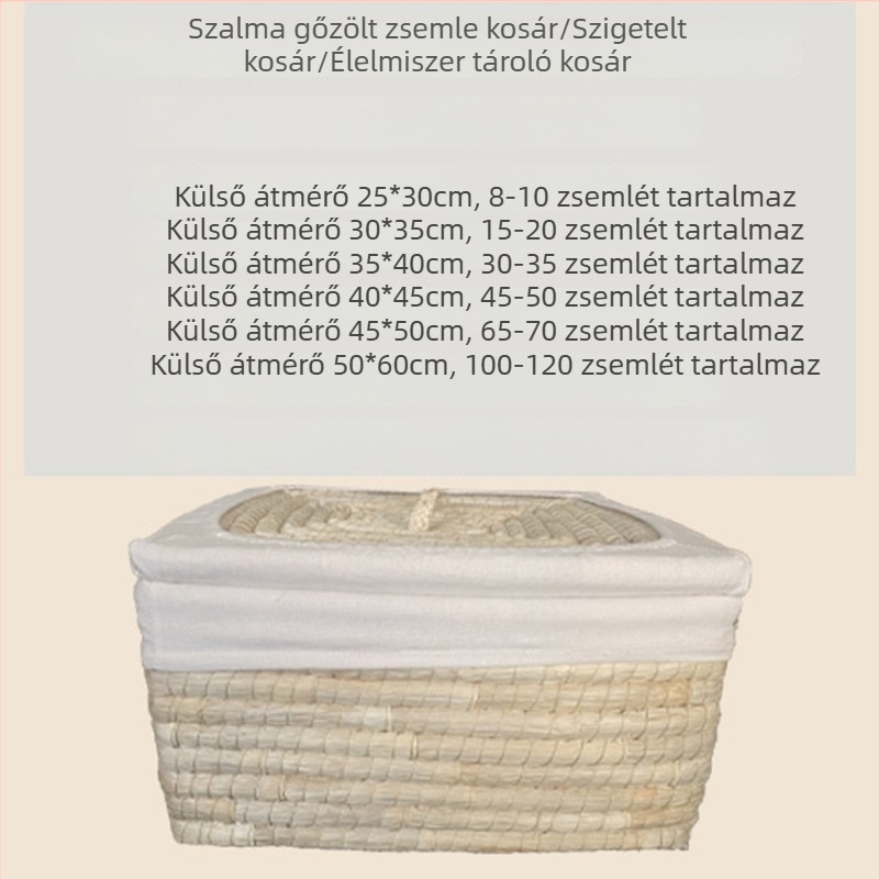 Szigetelt gőzöltő kosár fedővel, vessző- és szalmaanyagból, mantouhoz és süteményekhez, tárolás és tisztítás