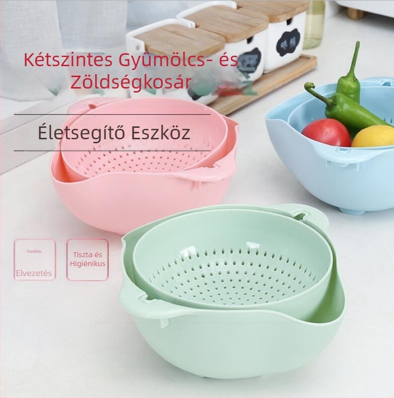 Kétszintes leeresztő kosár zöldségek és gyümölcsök mosásához