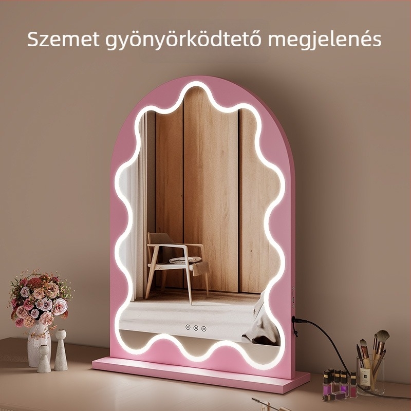 Csipkés ívű Hollywood-sminktükör LED-del, háromszínű LED, asztali sminktükör