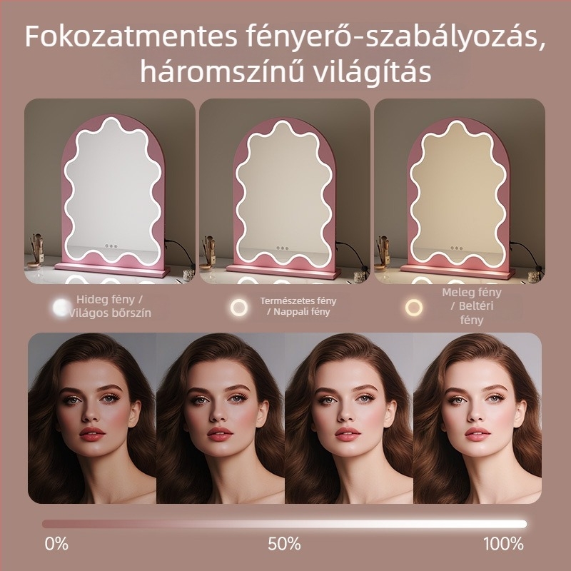 Csipkés ívű Hollywood-sminktükör LED-del, háromszínű LED, asztali sminktükör
