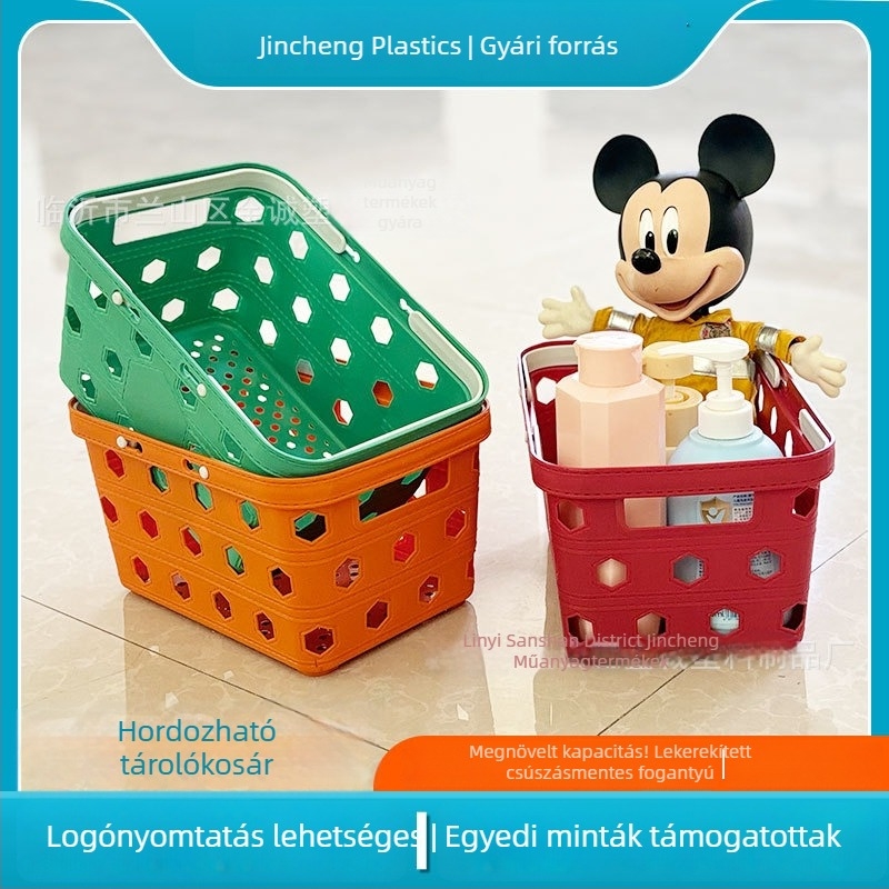 Kék műanyag kosár tigermintával, dupla füllel, falra szerelhető, drenázs, vastított kivitel, otthoni többfunkciós tároló