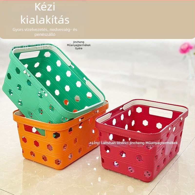 Kék műanyag kosár tigermintával, dupla füllel, falra szerelhető, drenázs, vastított kivitel, otthoni többfunkciós tároló