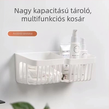 Fehér falra szerelhető tárolókosár a fürdőszobába — minimalist, fúrás nélküli szerelés