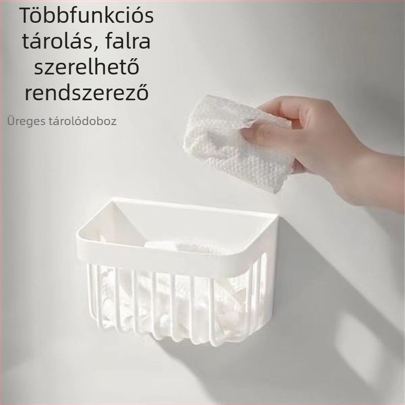 Fehér falra szerelhető tárolókosár a fürdőszobába — minimalist, fúrás nélküli szerelés