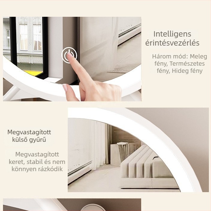 Sminktükör modern, minimalist dizájn, háromszínű LED világítással, kerek asztali tükör
