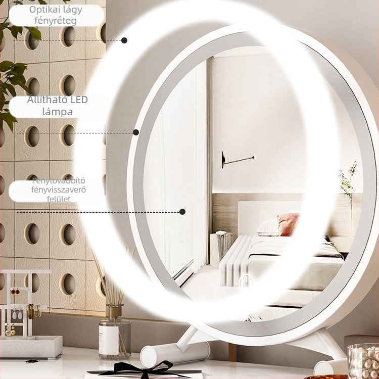 Sminktükör modern, minimalist dizájn, háromszínű LED világítással, kerek asztali tükör