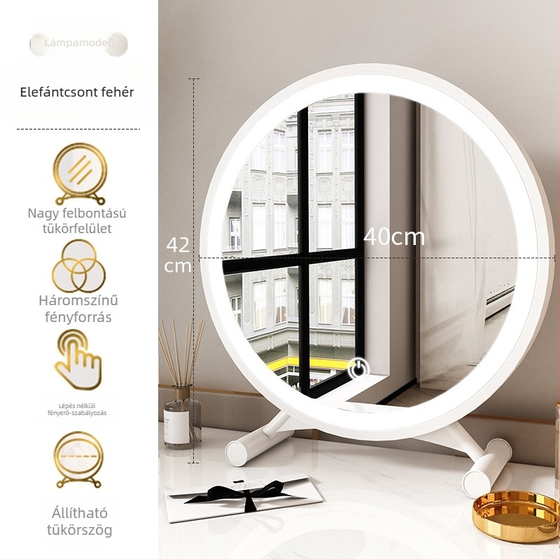 Sminktükör modern, minimalist dizájn, háromszínű LED világítással, kerek asztali tükör