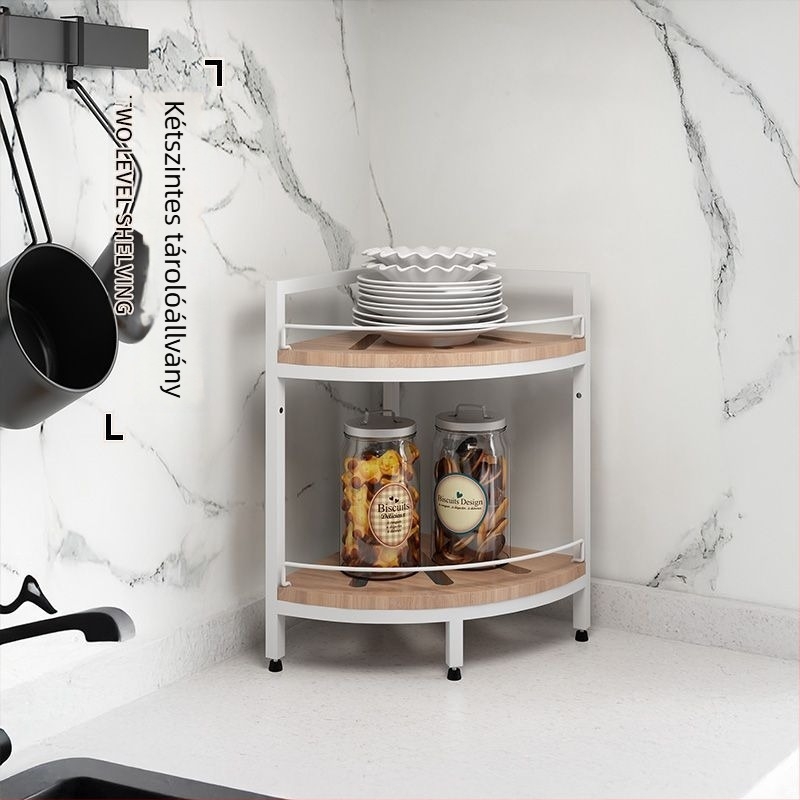 Kétrétegű vas tárolóállvány, ventilátor alakú, konyhába és fürdőszobába, pultra illő sarok fűszertartó