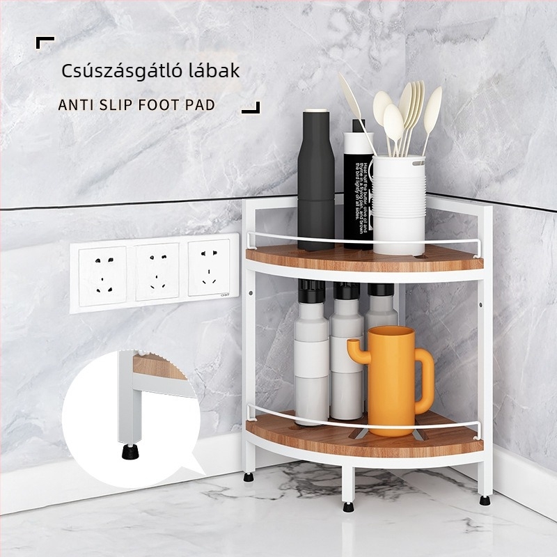 Kétrétegű vas tárolóállvány, ventilátor alakú, konyhába és fürdőszobába, pultra illő sarok fűszertartó