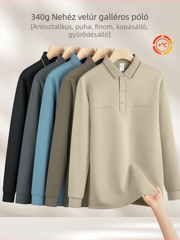 Férfi polo velúrhatású galléros, 340 g, hosszú ujjú, téli-őszi szezon, geometriai minta, légáteresztő, antibakteriális, nedvességelvezető, vasalásmentes