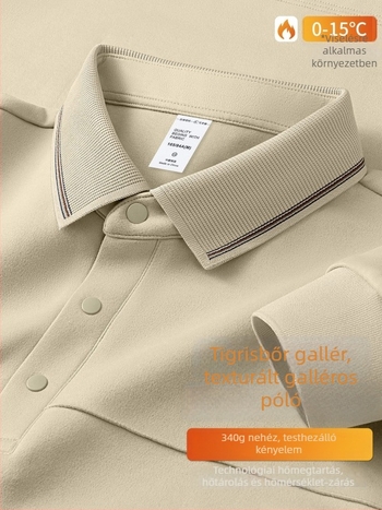 Férfi polo velúrhatású galléros, 340 g, hosszú ujjú, téli-őszi szezon, geometriai minta, légáteresztő, antibakteriális, nedvességelvezető, vasalásmentes
