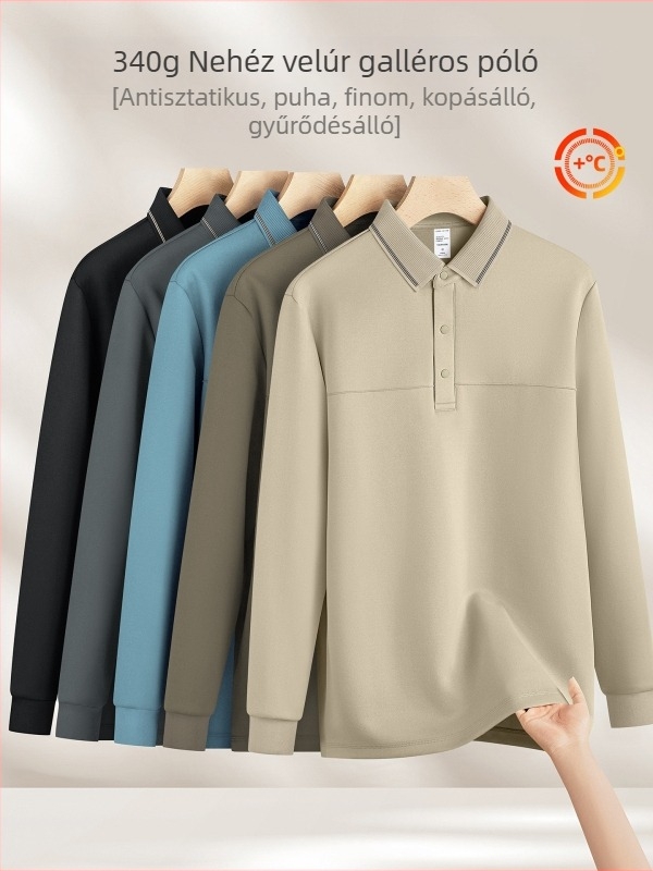 Férfi polo velúrhatású galléros, 340 g, hosszú ujjú, téli-őszi szezon, geometriai minta, légáteresztő, antibakteriális, nedvességelvezető, vasalásmentes