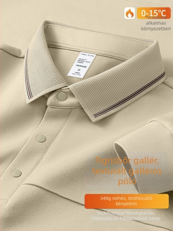 Férfi polo velúrhatású galléros, 340 g, hosszú ujjú, téli-őszi szezon, geometriai minta, légáteresztő, antibakteriális, nedvességelvezető, vasalásmentes