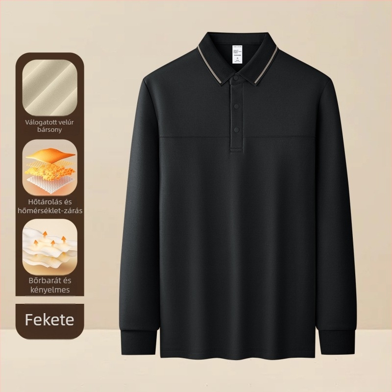 Férfi polo velúrhatású galléros, 340 g, hosszú ujjú, téli-őszi szezon, geometriai minta, légáteresztő, antibakteriális, nedvességelvezető, vasalásmentes
