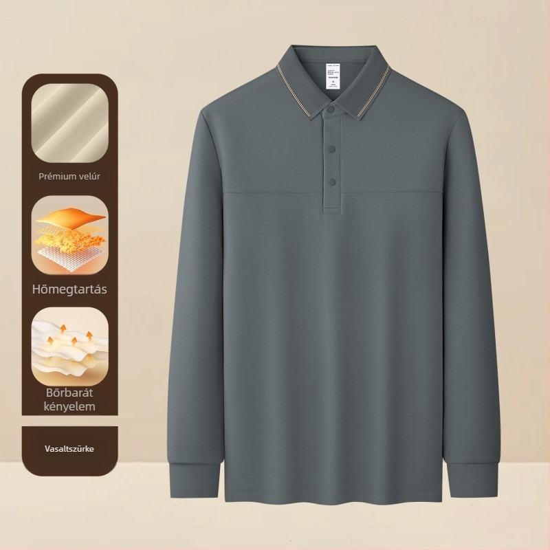 Férfi polo velúrhatású galléros, 340 g, hosszú ujjú, téli-őszi szezon, geometriai minta, légáteresztő, antibakteriális, nedvességelvezető, vasalásmentes