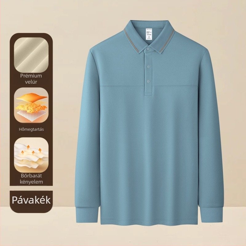 Férfi polo velúrhatású galléros, 340 g, hosszú ujjú, téli-őszi szezon, geometriai minta, légáteresztő, antibakteriális, nedvességelvezető, vasalásmentes