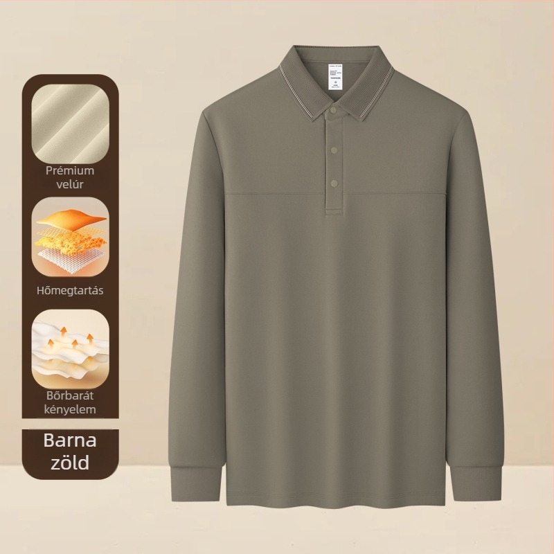 Férfi polo velúrhatású galléros, 340 g, hosszú ujjú, téli-őszi szezon, geometriai minta, légáteresztő, antibakteriális, nedvességelvezető, vasalásmentes