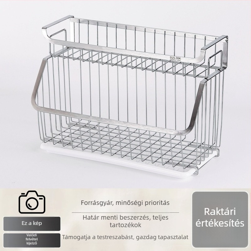 Fali konyhai tároló polc, 304 rozsdamentes acél, fúrás nélkül, leeresztő kosár, modell K-50552