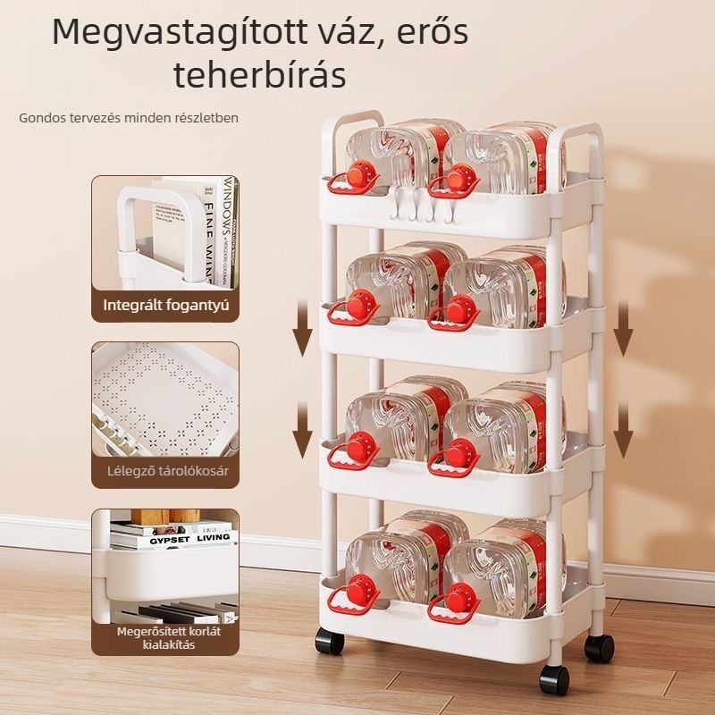 Négy rétegű mobil tároló állvány forgó kerekekkel