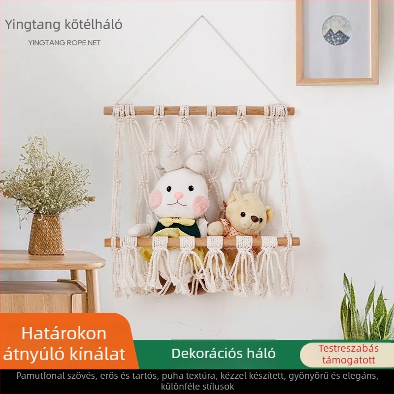 Nordic stílusú falra szerelhető tároló hálós tasak, gyapotkötélből kötve, dekoratív bejárati szervező