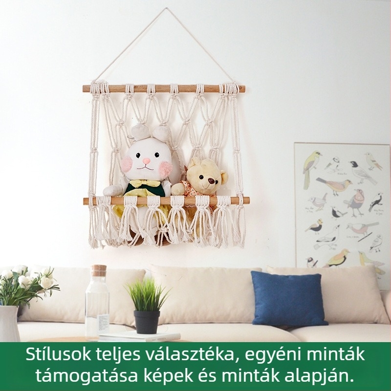 Nordic stílusú falra szerelhető tároló hálós tasak, gyapotkötélből kötve, dekoratív bejárati szervező